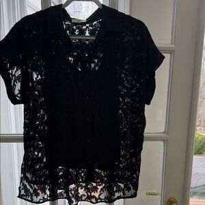entro Black Sheer Floral Lace Button-Up Blouse